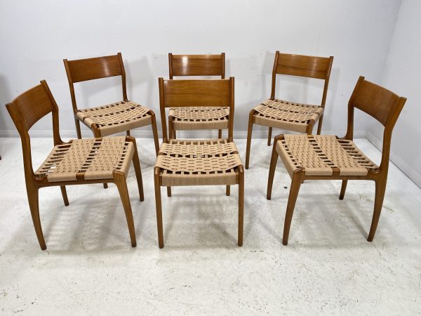 6 Italian Oak & Papercord Dining Chairs by Consorzio Sedi Friuli